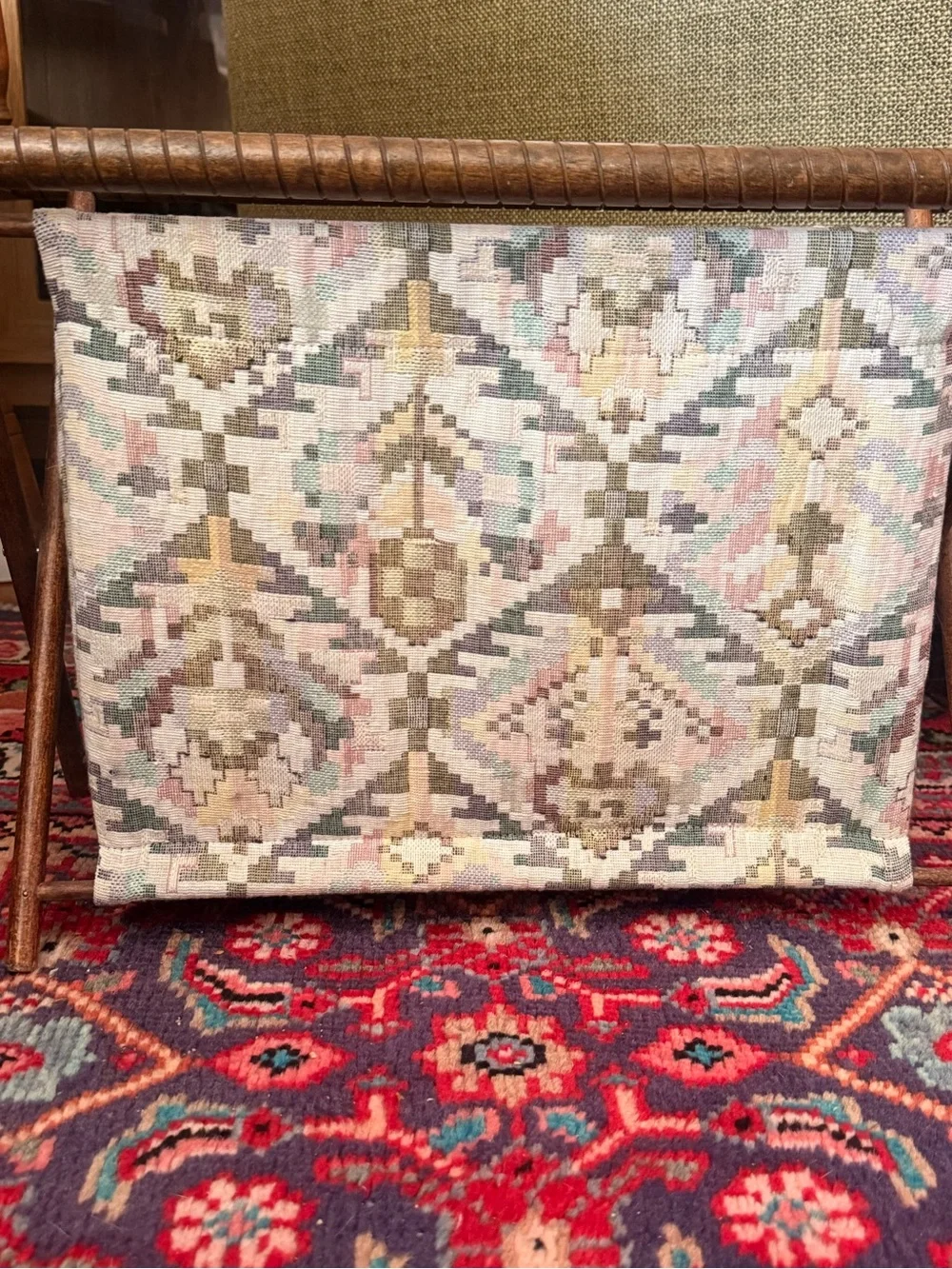 Vintage Tapestry Magazine Rack/Yarn Bag in Muted Pastel Geometric Kilim